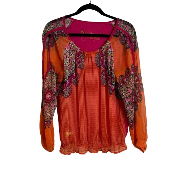 Desigual Orange Pink Abstract Print Open Sleeve Blouse - Picture 1 of 8